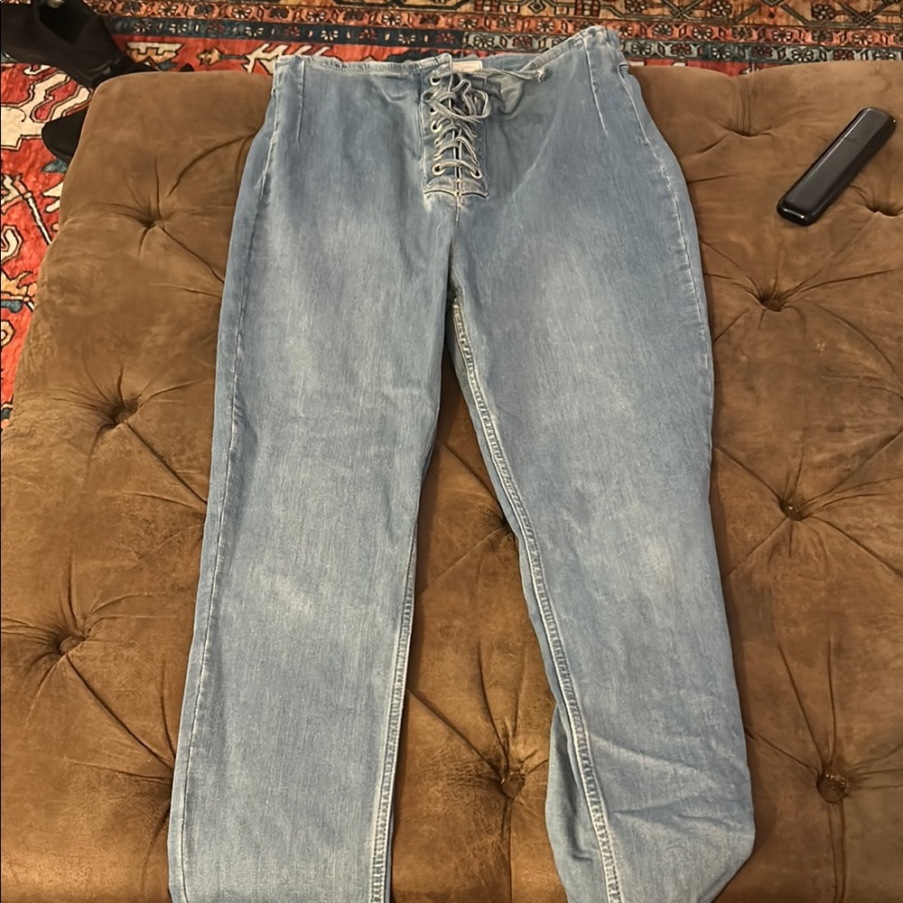 Free People Light Blue High Rise Lace-Up Jeans